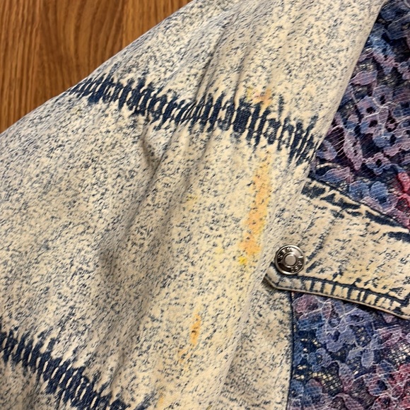 Vintage Acid Wash Denim Tie Dye Lace Quilted Puffer Stand Collar Jacket - Picture 6 of 12